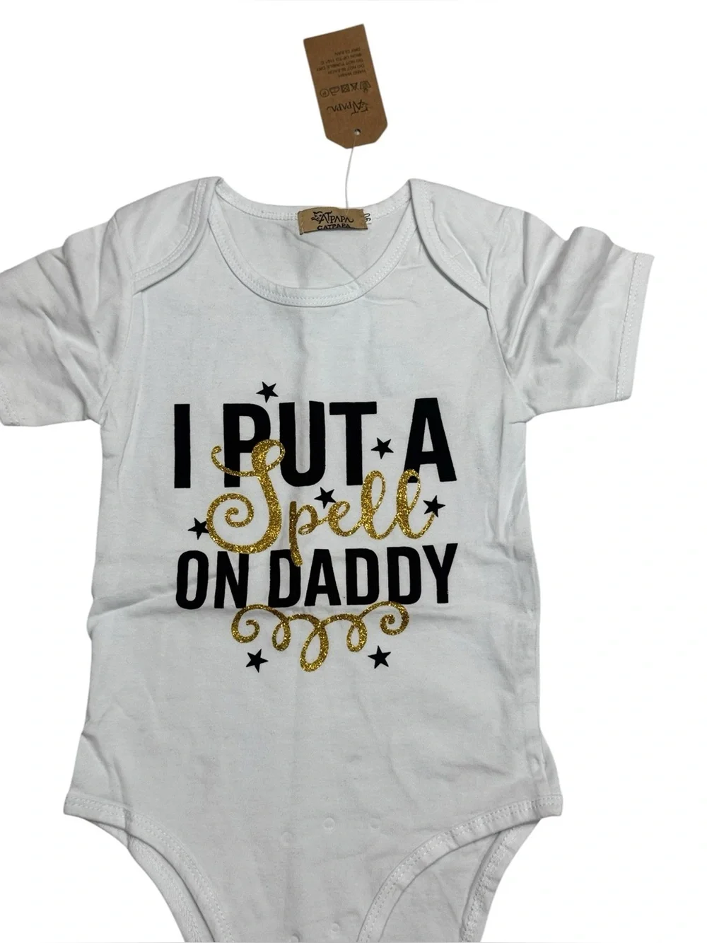 I Put a Spell On Daddy Baby Outfit - White, Black & Gold 6 months